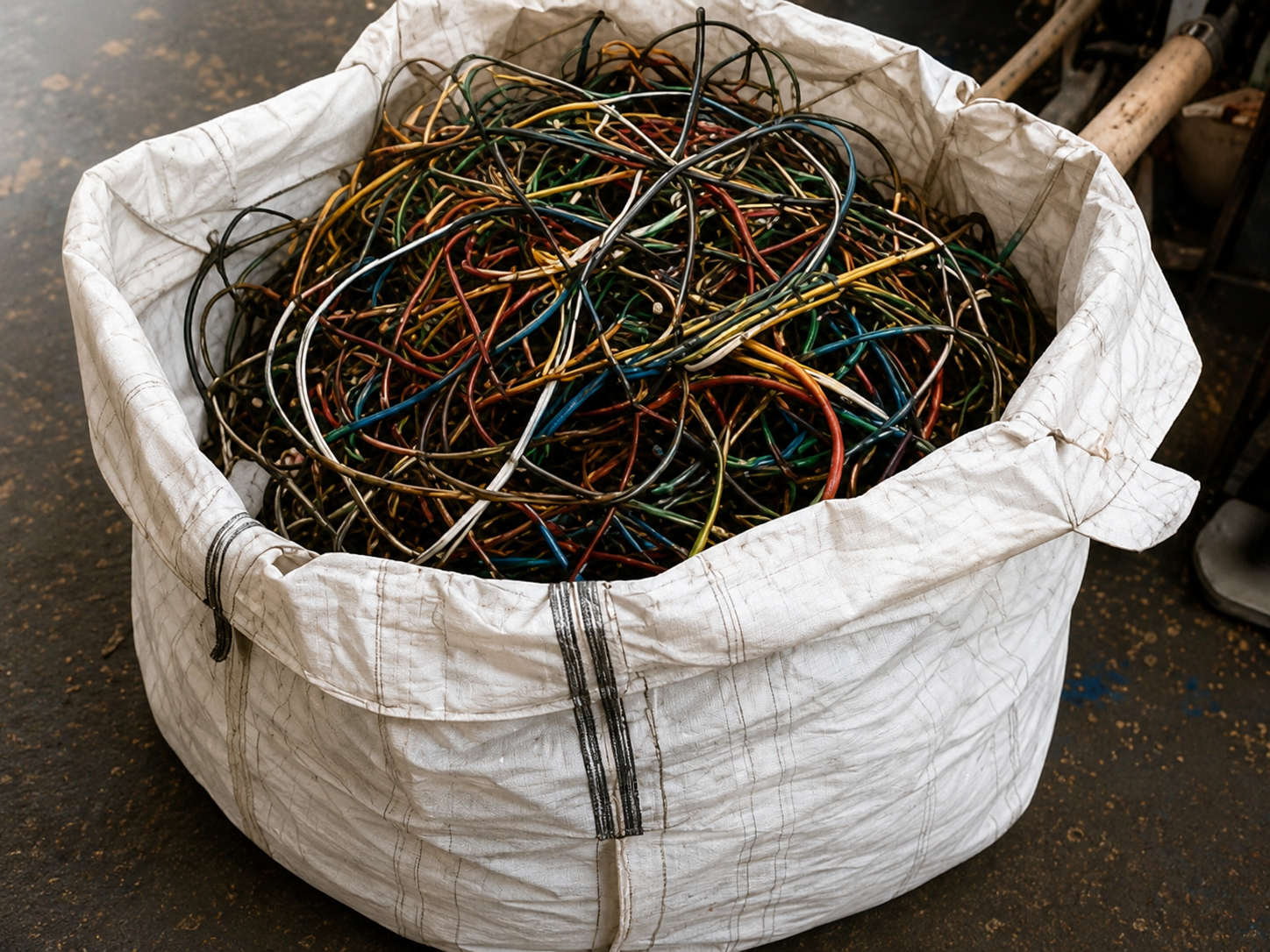 Large recycling bag filled with recovered electrical wires and cables